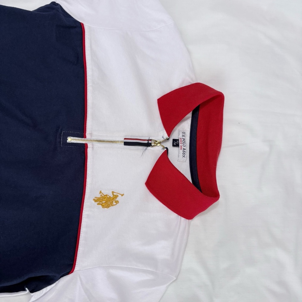U.S. Polo Assn. Colorblock Zip Short Sleeve Polo Navy White Women’s Sz Medium - Picture 4 of 6